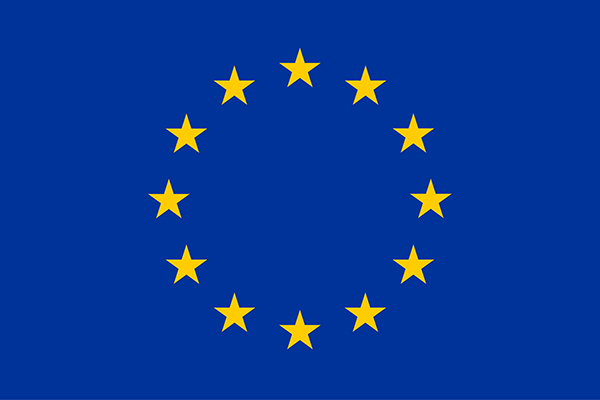 Logo Unió Europea. Estels grocs sobre fons de color blau.
